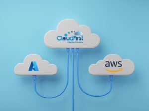 Three clouds connected with Ethernet cables. The top one has the CloudFirst logo on it, and the other two have AWS and Azure.