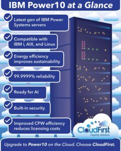 IBM Power10 at a Glance Latest gen of IBM Power Systems servers Compatible with IBM i, AIX, and Linux Energy efficiency improves sustainability 99.9999% reliability Ready for AI Built-in security Improved CPW efficiency reduces licensing costs Upgrade to Power10 on the Cloud. Choose CloudFirst.