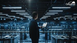 A Power Systems IT administrator running automation tasks on a laptop in a data center