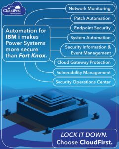 Automation for IBM i makes Power Systems more secure than Fort Knox.

-Network monitoring
-patch automation
-endpoint security
-system automation
-security information and event management
-cloud gateway protection
-vulnerability managemenet
-security operations center

LOCK IT DOWN. Choose CloudFirst