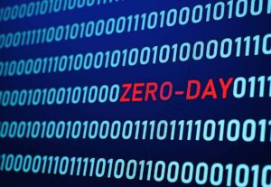 a string of blue zeroes an ones, and the word ZERO-DAY in red and capital letters in the middle.