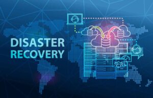 A pixelated map that says "Disaster Recovery" on top of it and shows a diagram of high uptime cloud services, including automated backups of server racks and 24-7 customer support